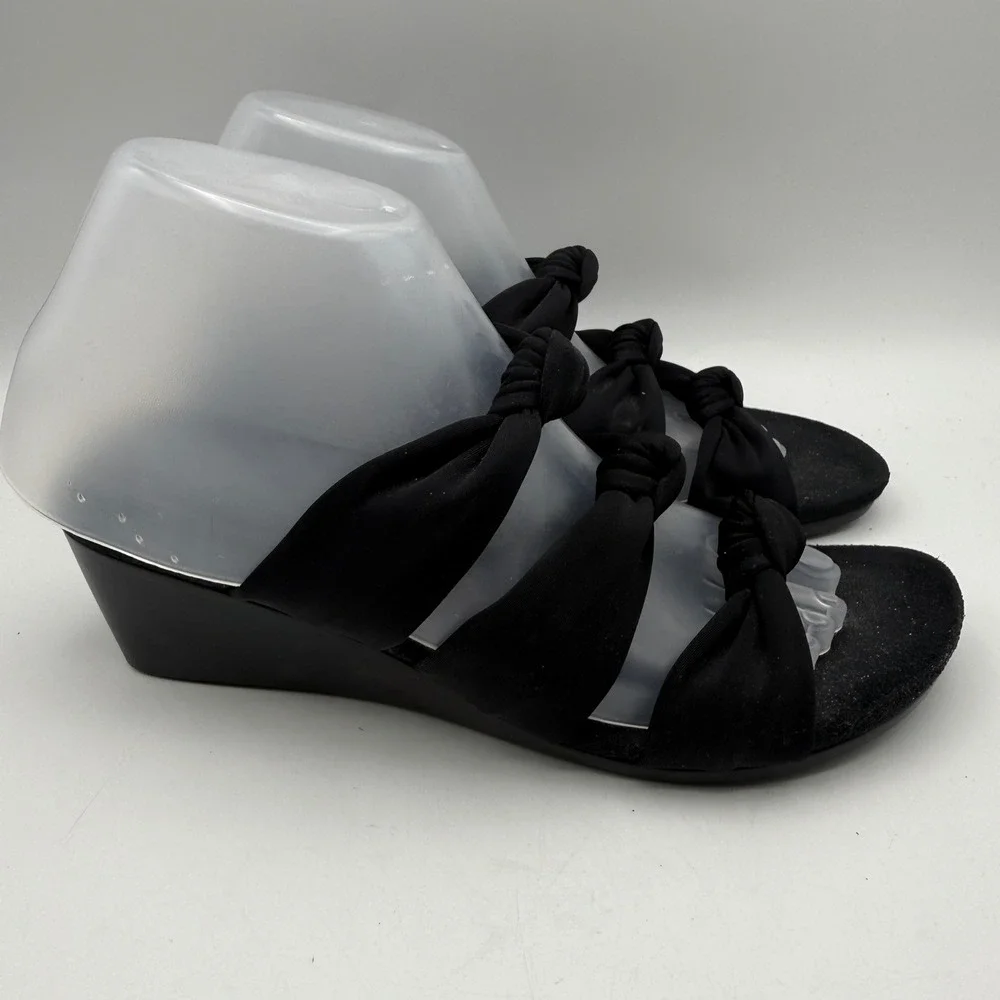 Vionic‎ Wedge Sandals Women 7 Black Triple Knot Strap Slide Orthotic Heel